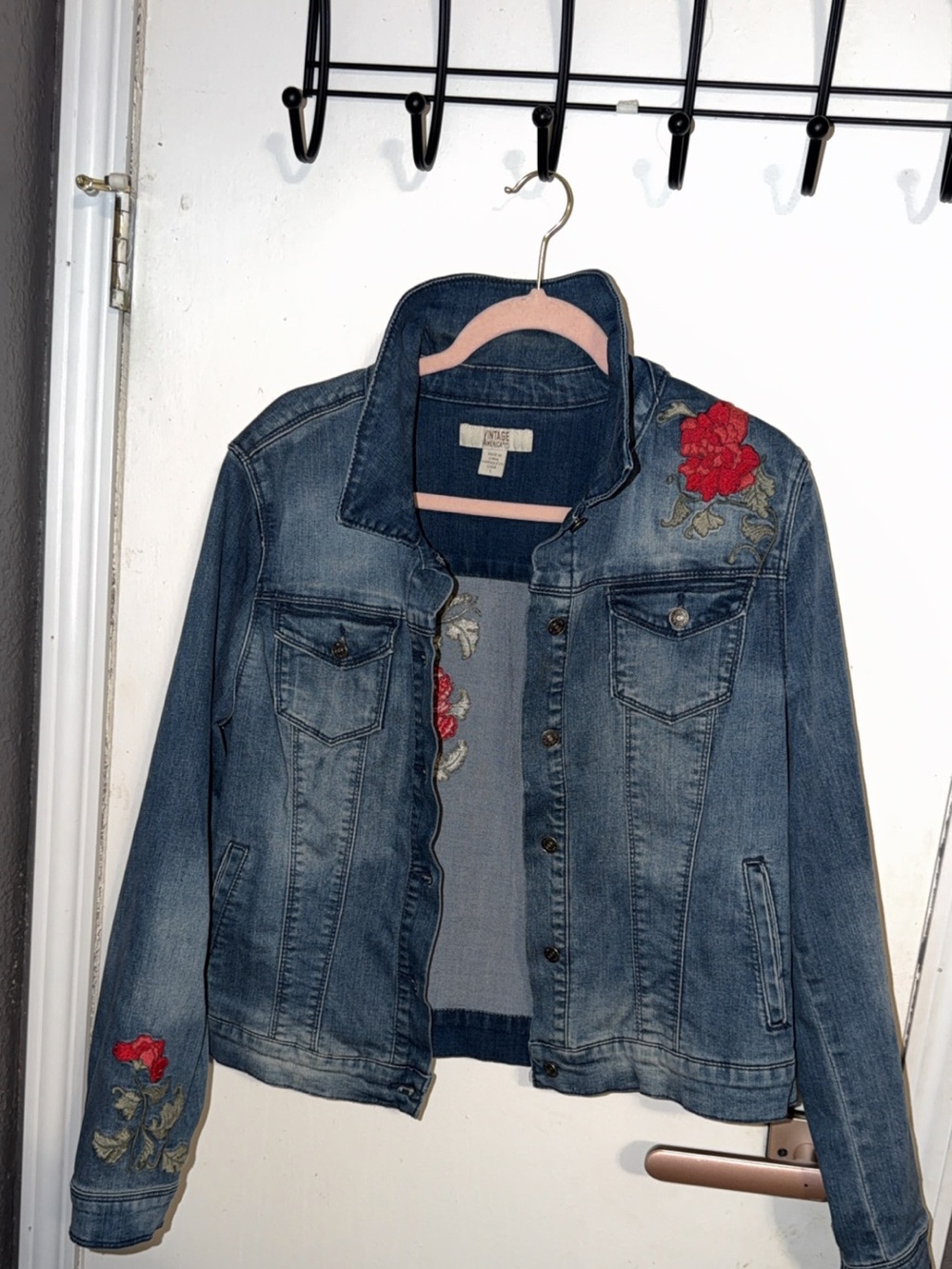 Vintage America Embroidered Rose Denim Jacket L